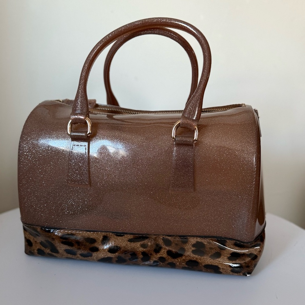 Cinnamon Brown Glitter Jelly Satchel Leopard Print Bottom Y2K Glam Handbag Purse